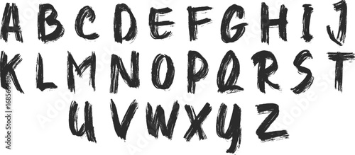Hand drawn brush stroke alphabet letters vector design. Rough textured grunge font style for creative typography. Bold artistic black lettering perfect for posters and graphics.