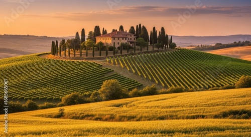 Golden hour tuscan landscape with cypress trees and vineyard on rolling hills