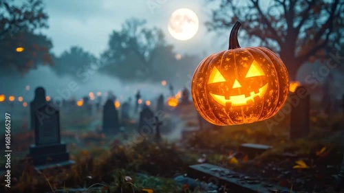 Spooky Halloween Night: Glowing Pumpkin in Graveyard Under Full Moon