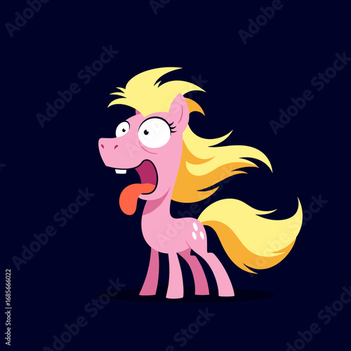 Hilarious cartoon pink pony with wild yellow hair and a very surprised expression on its face making a funny face with its tongue sticking out and large eyes