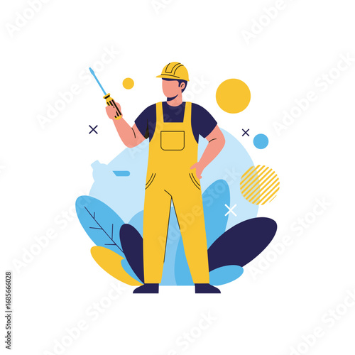 Skilled handyman in yellow overalls holding a screwdriver ready to fix and repair buildings and homes