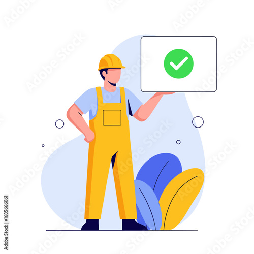 Skilled professional worker in yellow overalls holding a tablet with a green checkmark symbol indicating successful completion of a task