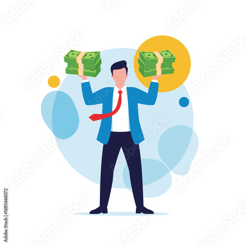 Successful businessman holding stacks of cash proudly celebrating financial success and wealth
