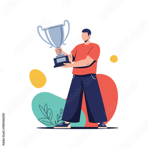A triumphant person holding a large silver trophy celebrating a significant achievement or victory