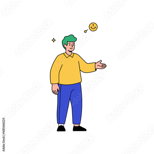 Person enthusiastically presenting an idea or concept with a smiley face and sparkling stars representing positivity and success