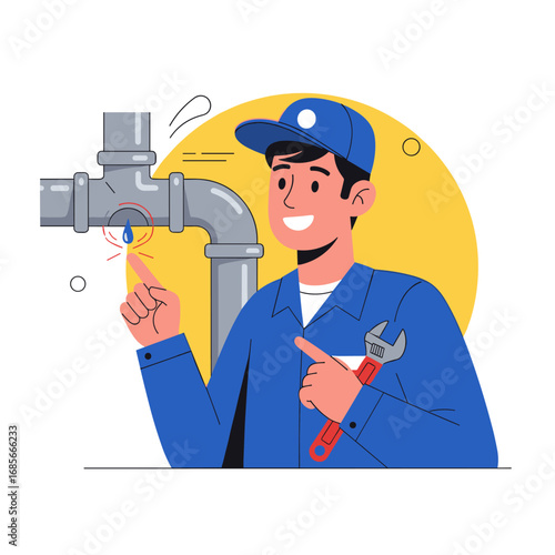 Skilled plumber with wrench demonstrating leaky pipe repair and offering professional services