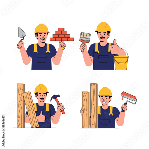 Skilled construction worker performing various home improvement tasks with tools and materials