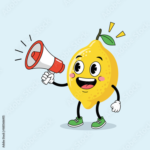 Cheerful cartoon lemon character holding a megaphone announcing something important with a friendly smile and vibrant energy