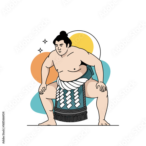 Powerful sumo wrestler poses ready for traditional japanese combat sport championship