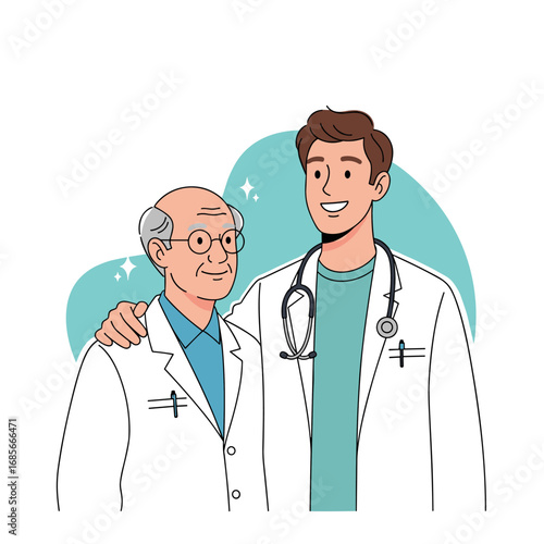Two doctors stand together a mentor guiding a younger physician with a stethoscope around his neck