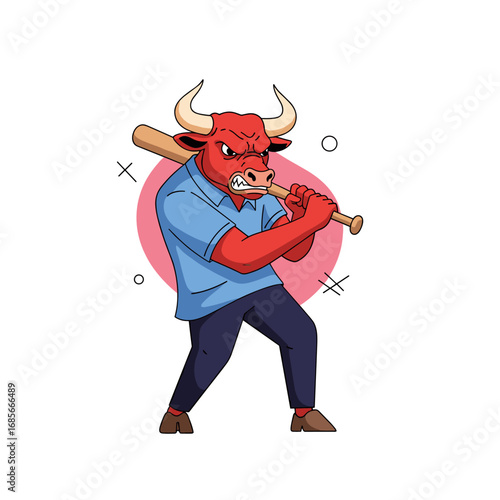 Aggressive bull character holding baseball bat ready to swing with determined expression