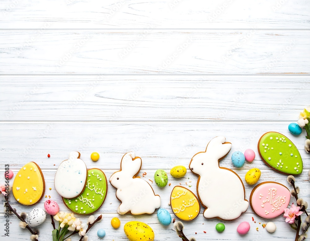 Obraz premium Easter cookies on a white wooden background