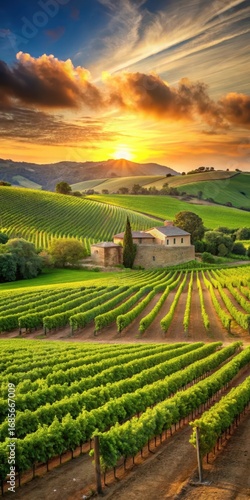 Rolling hills of lush green vineyard at sunset with golden light and rustic stone walls