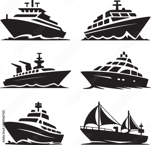set of Ship and marine boat black on white background