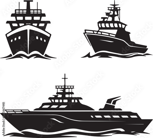set of Ship and marine boat black on white background