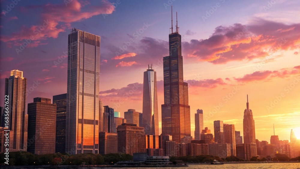 Fototapeta premium Chicago Skyline Sunset Golden Hour Cityscape, Wide Composition, Vibrant Colors, Skyscrapers, Architecture Photography Chicago Architecture, Cityscape Photography