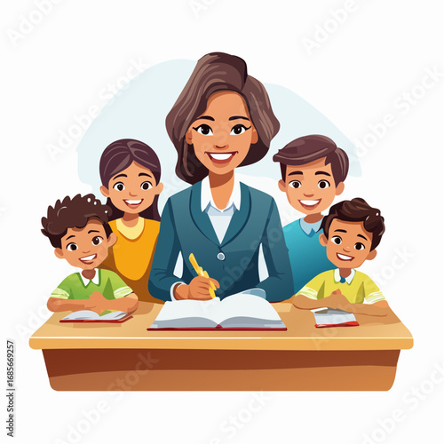 Happy teacher and students learning together at school, a diverse group of children and their educator engaged in educational activities in a classroom setting