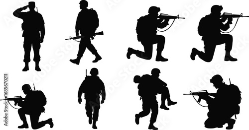 Black silhouette set of military soldiers in different poses with guns, saluting, walking, and standing on white background vector illustration