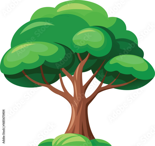 A sturdy tree with a bold trunk and wide reaching branches illustration