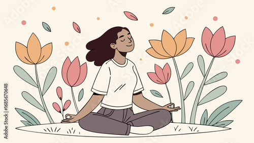 Woman Sitting in Flowers Peacefully – Vector Illustration of Calm Mind, Healing, peace  and Psychological Awareness