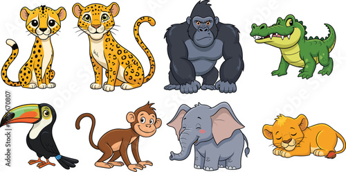 Cute jungle animals cartoon set including cheetah, gorilla, crocodile, toucan, monkey, elephant, lion cub vector illustration for kids