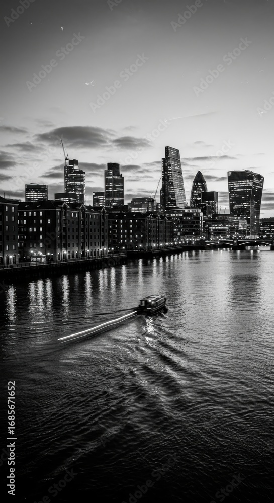 Fototapeta premium London's Skyline at Dusk: Cityscape with Boat on the Thames River