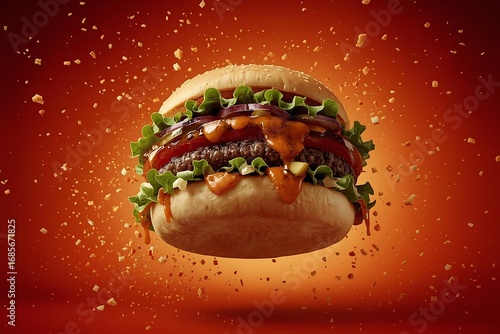 Tasty burger with french fries and fire.