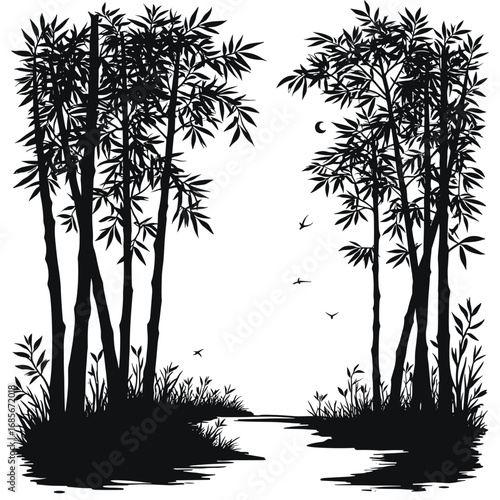 Black bamboo silhouettes by a calm water landscape with birds  