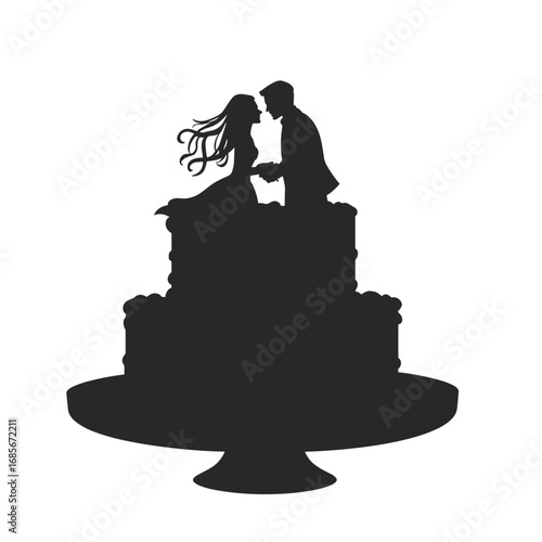 Wedding cake silhouette with couple embracing on a cake stand  
