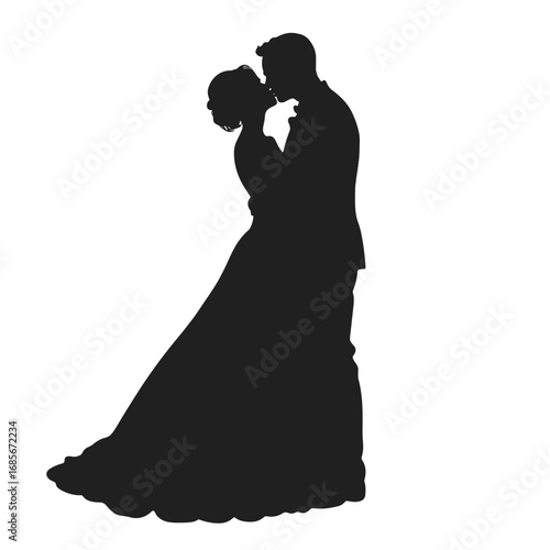 Silhouette of couple kissing in formal attire during wedding celebration  