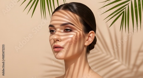 A young woman with soft skin and subtle makeup enjoys the warm sunlight dappled through palm leaves, creating intriguing shadows on her face
