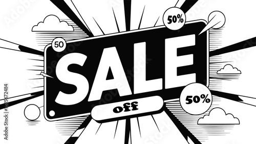 Dynamic comic style sale announcement with 50% off offers and energetic background.