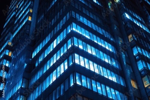 Wallpaper Mural Office building facade at night, with blue lights shining through the windows. Skyscraper. Cinematic. dark blue tones city lights. Business District at Dusk. Cityscape. Modern glass offices. Corner Torontodigital.ca