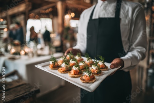 A waiter in formal attire serves a tray of elegant appetizers at a stylish indoor event or reception