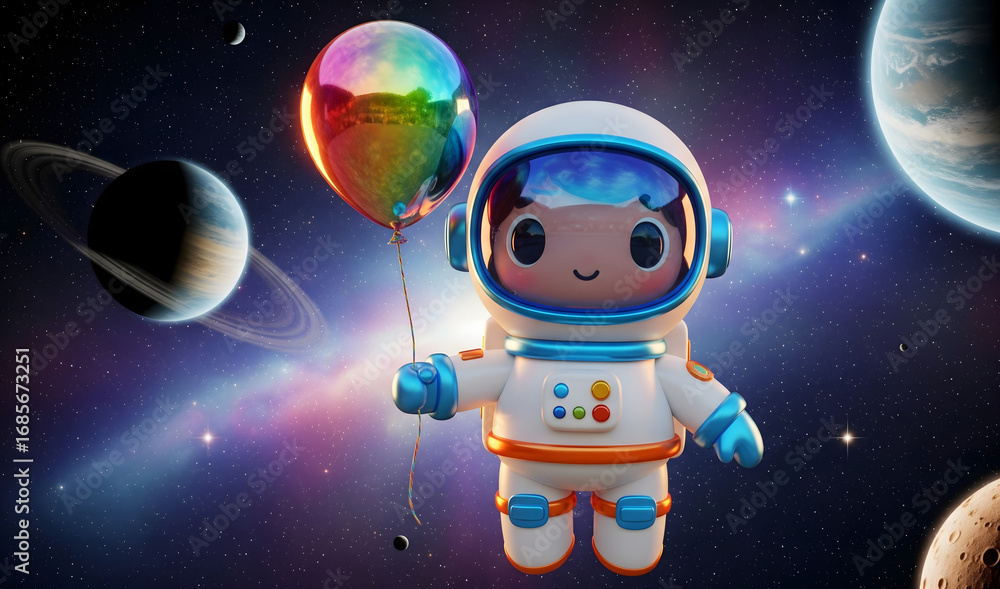 Naklejka premium Cute astronaut floating in outer space holding a colorful balloon surrounded by planets and stars, creating a whimsical and dreamy atmosphere.