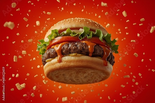 Tasty burger with french fries and fire.