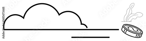 Cloud shape connected to flat lines and a steaming coin. Ideal for technology, cloud storage, innovation, networking, data transfer, digital infrastructure, IT solutions. Simple flat metaphor