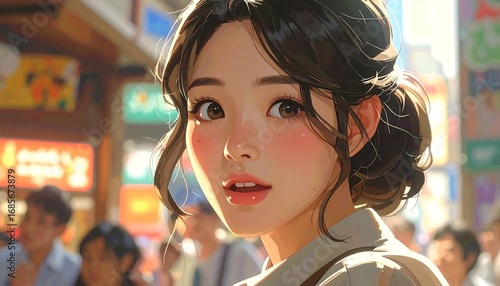 Animated woman with rosy cheeks amidst a blurred city market setting, soft lighting