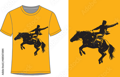 Rodeo cowboy on bucking bronco silhouette — western T‑shirt vector
Cowboy riding wild horse vector — rodeo bronco shirt graphic
Western bronco rider silhouette — vintage cowboy T‑shirt design