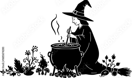 Witch Brewing Potion in Cauldron icon vector illustration vector illustration isolated on white background
