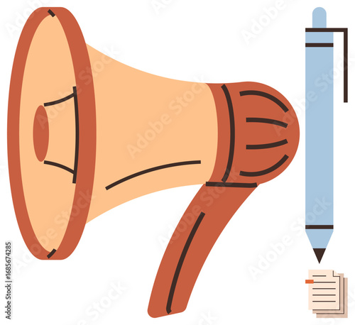 Megaphone and blue pen with notes symbolize communication, content creation, media sharing, and self-expression. Ideal for marketing, storytelling, publishing, writing, creativity teamwork simple