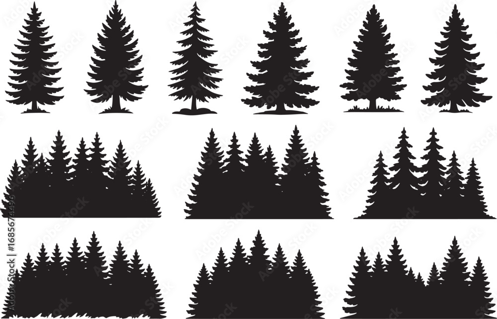 Obraz premium Collection of diverse pine tree silhouettes for nature themed designs and forest scenes white background