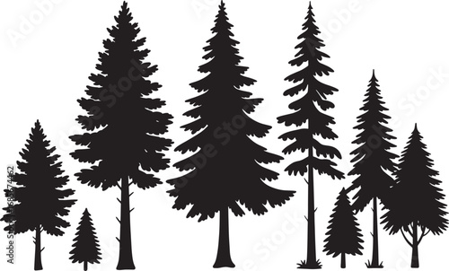 Silhouetted evergreen pine trees forest scene nature landscape design element white background