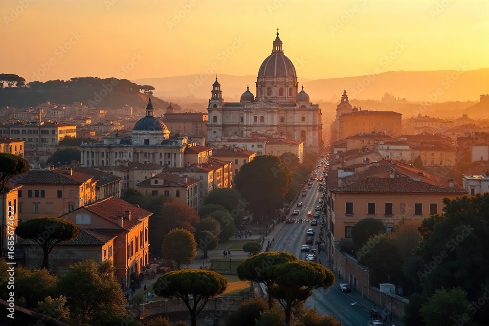 Fototapeta premium Serene cityscape view of Rome at dawn, bathed in golden light, perfect for meditation and tranquility Ancient architecture inspires inner peace , historical, dawn