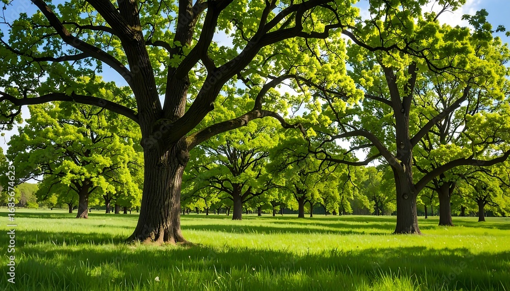 Fototapeta premium Lush green trees dominate a grassy meadow, bathed in sunlight under a clear blue sky