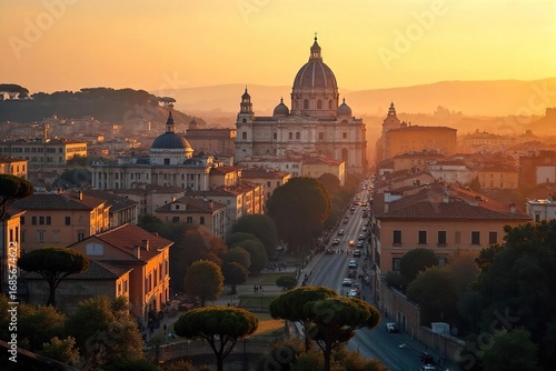 Serene cityscape view of Rome at dawn, bathed in golden light, perfect for meditation and tranquility Ancient architecture inspires inner peace , historical, dawn