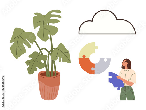 Woman arranging colorful puzzle pieces beside lush potted plant and cloud outline. Ideal for problem-solving, teamwork, creativity, mental health, growth, innovation, education. Modern simple flat