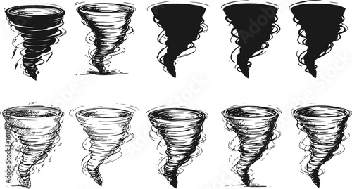 vector set of tornado twister cyclone sketch and silhouette vector set
