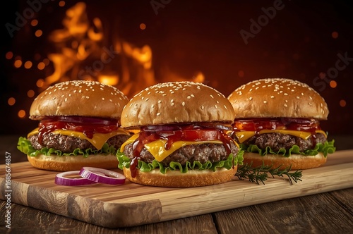 Tasty burger with french fries and fire.