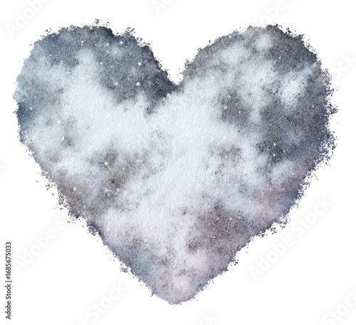 A heart-shaped, textured design, reminiscent of a watercolor painting of a cloudy night sky.  Gray and white hues create a soft, dreamy atmosphere